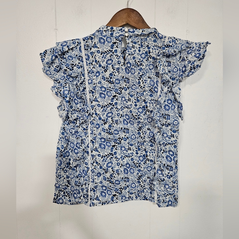 Veronica Beard Sol Top Blue White Floral Ruffle Short Sleeve Blouse - Picture 3 of 6